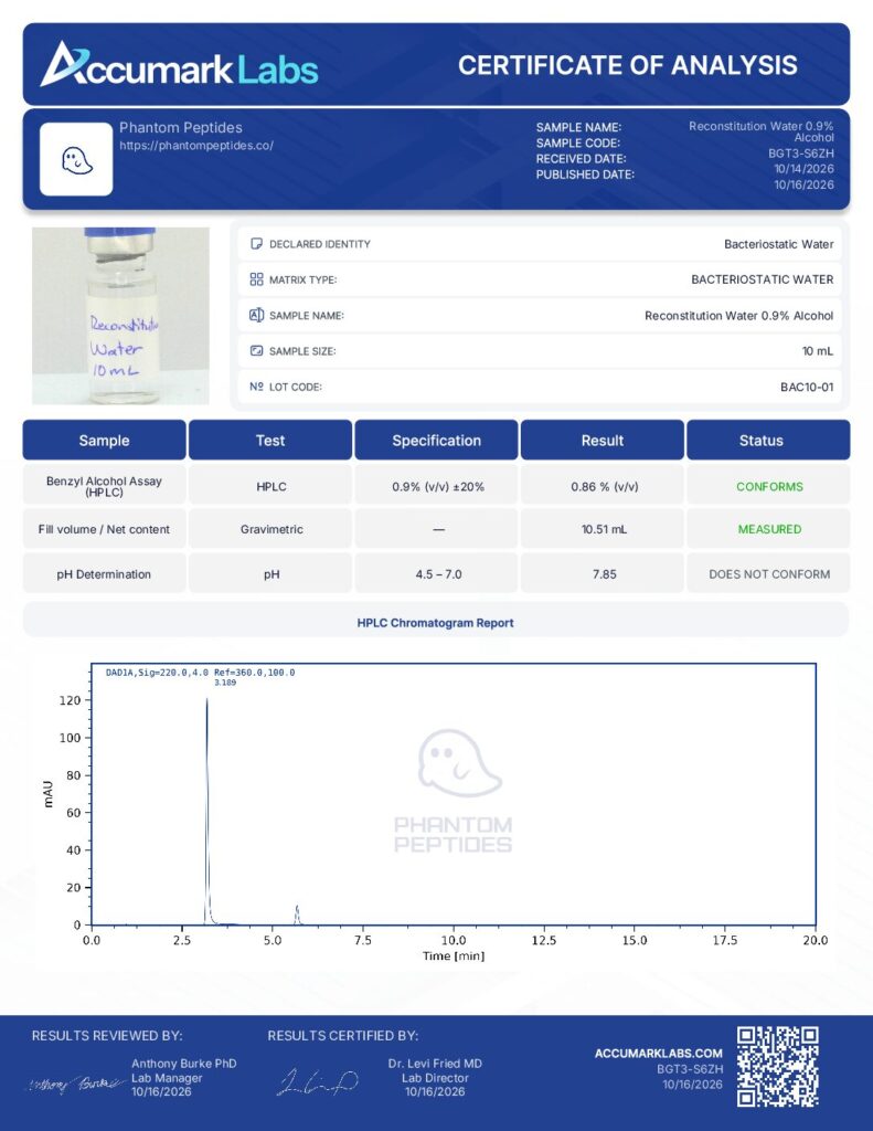 Reconstitution Water 0.9% Alcohol 10mL Kit certificate of analysis, first page