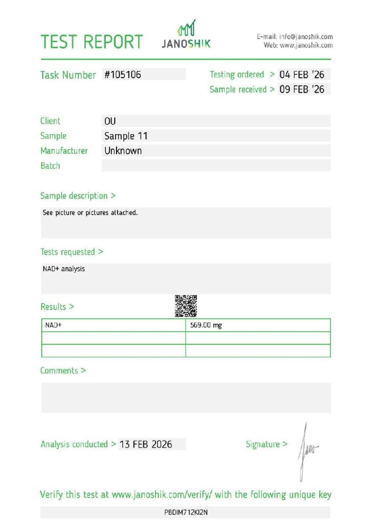 NAD+ certificate of analysis, first page
