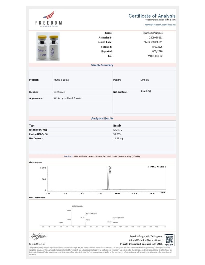 MOTS-c certificate of analysis, first page