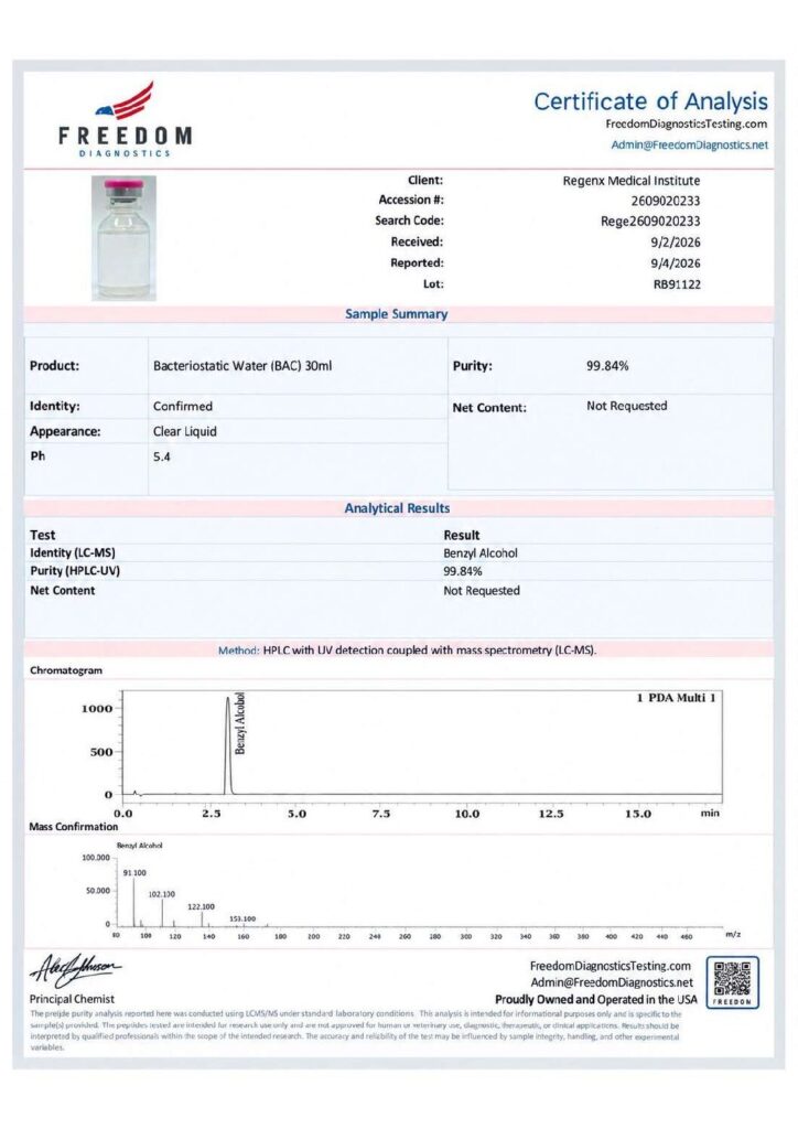 Reconstitution Water 0.9% Alcohol certificate of analysis, first page